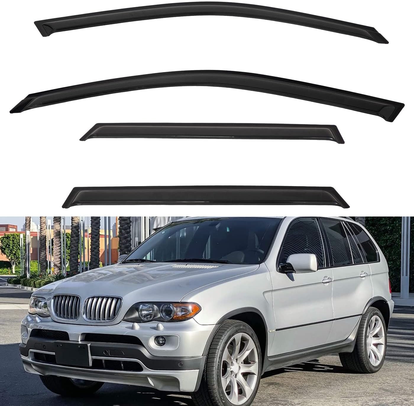 4pcs Front+Rear Smoke Tint Sun/Rain Guard Outside Mount Tape-On Vent Window Visors Compatible with 00-06 BMW X5 E53