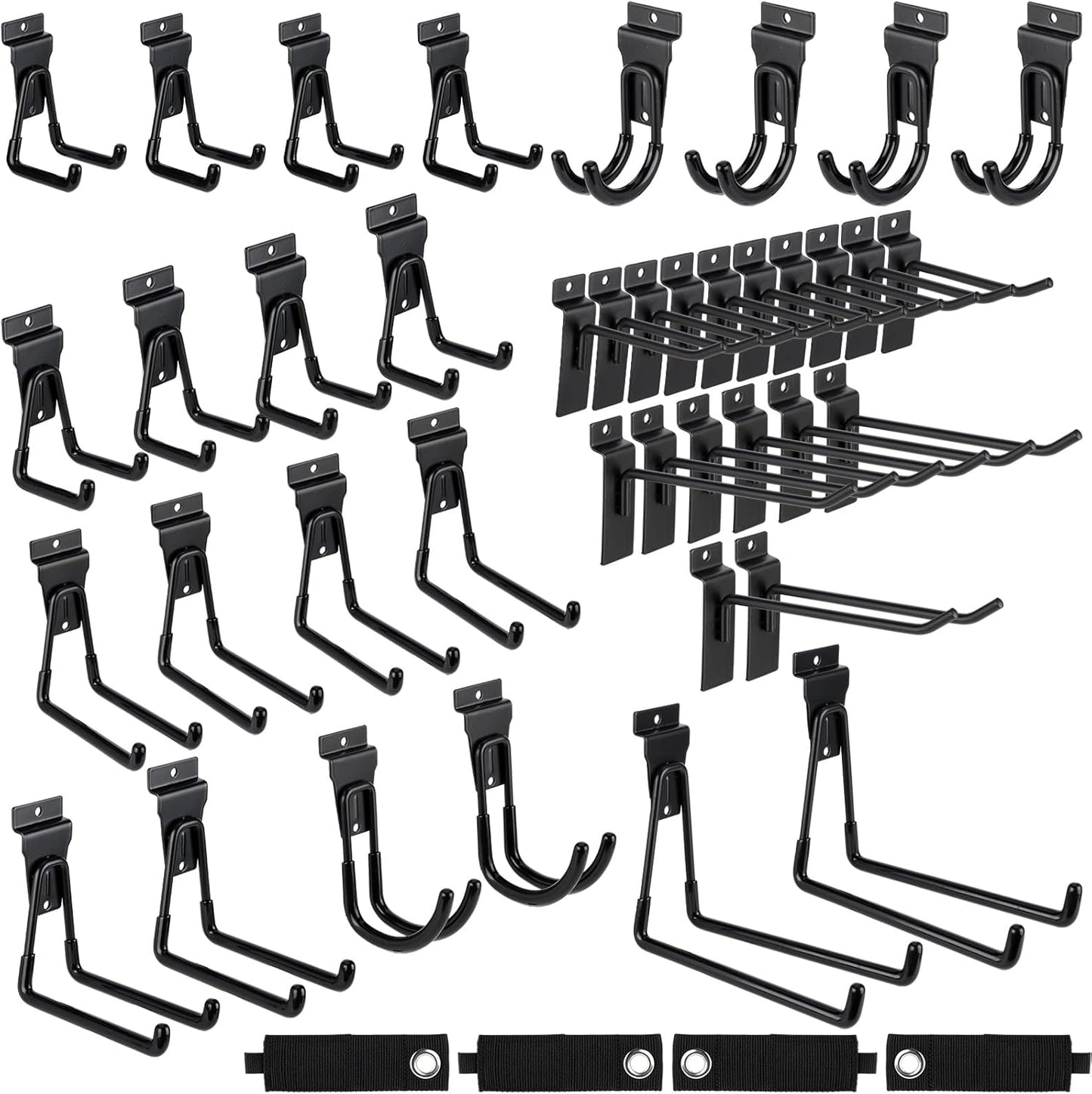Landhoow 36 Pcs Slatwall Hooks & Hangers 32 Pcs Heavy Duty Slat Wall Hanging Hooks with 4 Pcs Storage Straps Assortment Slatwall Accessories for Storage Garage Wall Organization Garden Home (Black)