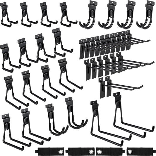 Landhoow 36 Pcs Slatwall Hooks & Hangers 32 Pcs Heavy Duty Slat Wall Hanging Hooks with 4 Pcs Storage Straps Assortment Slatwall Accessories for Storage Garage Wall Organization Garden Home (Black)