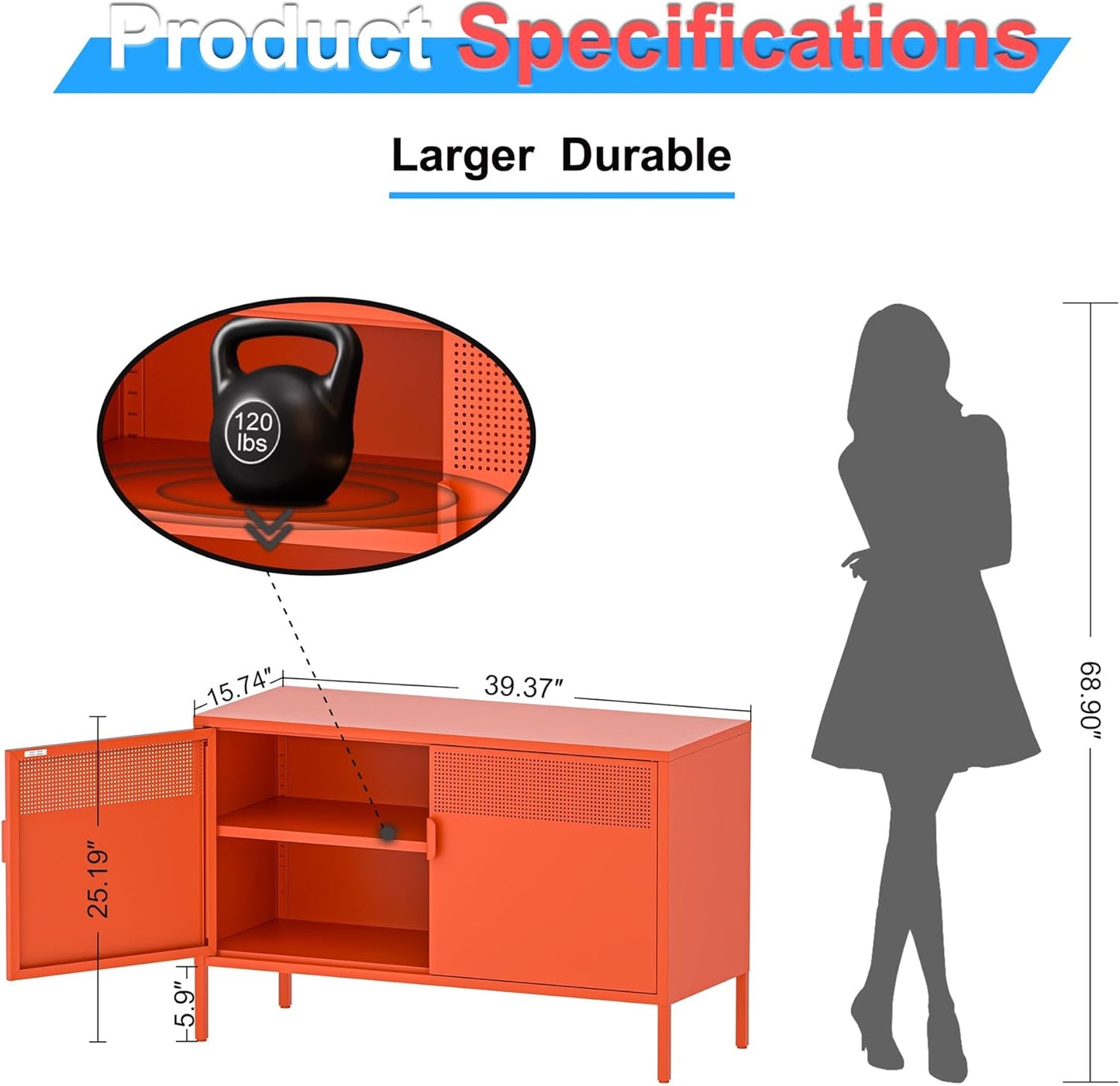 2 Door Accent Cabinet,Orange Metal Storage Cabinet with Adjustable Shelf,2-Tier Shelf,Multipurpose Metal Locker Storage for Office Home,Music Studio (Orange)