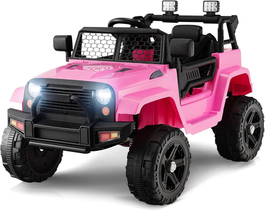 OLAKIDS Kids Ride On Truck, 12V Electric Vehicle Jeep Car with Remote Control, Toddlers Battery Powered Toy with 2 Speeds, Spring Suspension, Double Open Doors, LED Lights, Music, TF, USB, Mp3 (Pink)