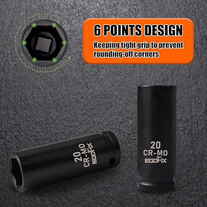 1/2" Drive Deep Impact Socket, 20mm Socket, CR-MO, Metric, 6 Point