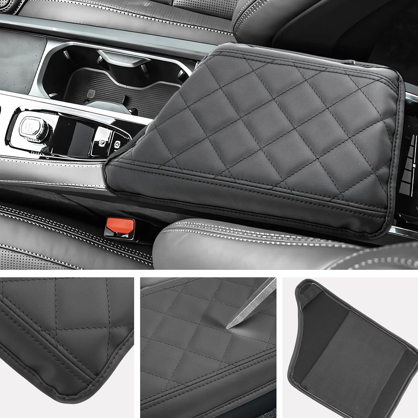SXCY for 2024 XC90 Armrest Cover for Volvo XC90 2018-2024 Accessories 2024 XC90 Center Console Cover 2024 XC90 Middle Console Cover (Black Checkered Pad)