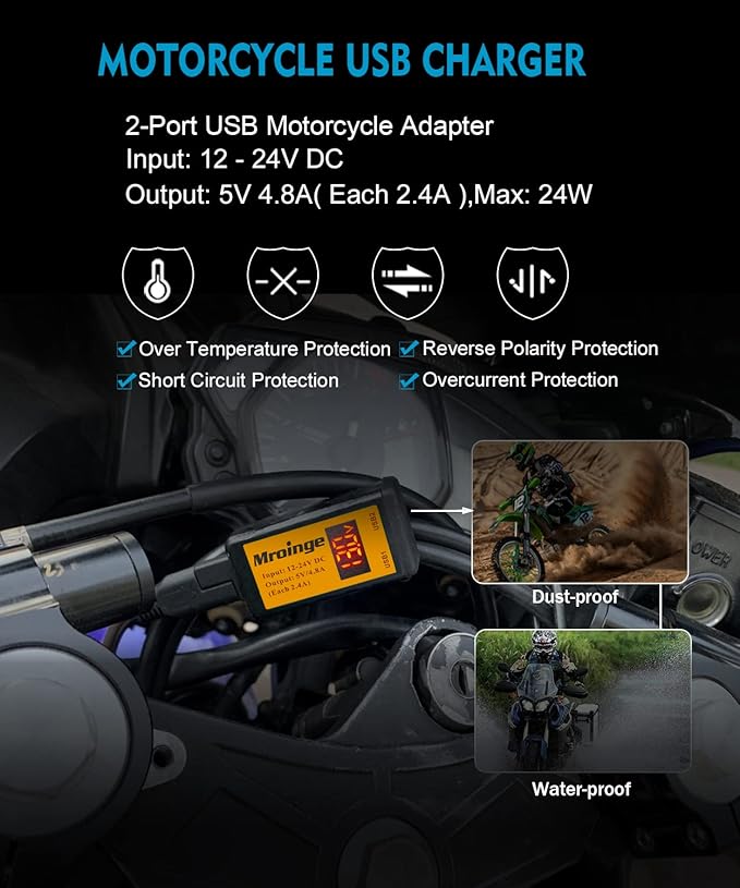 Motorcycle USB Charger, Mroinge 4.8A SAE to USB Adapter with Voltmeter & Ammeter, Quick Disconnect Plug with Dual USB Charger Perfect for Smart Device Charging, with ON/Off Switch & Waterproof Cover