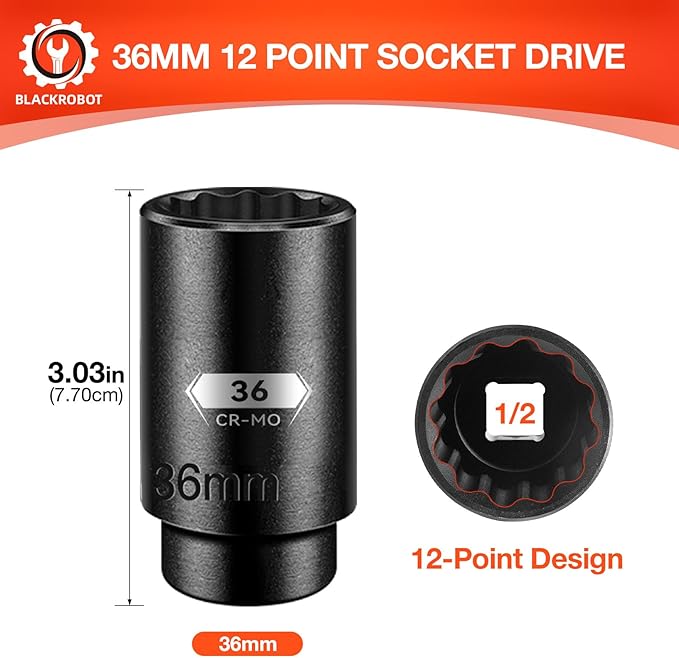 BLACKROBOT 36 mm 12-Point Deep Impact Socket, 1/2 Inch Drive, Metric, Black Manganese Phosphate Coating