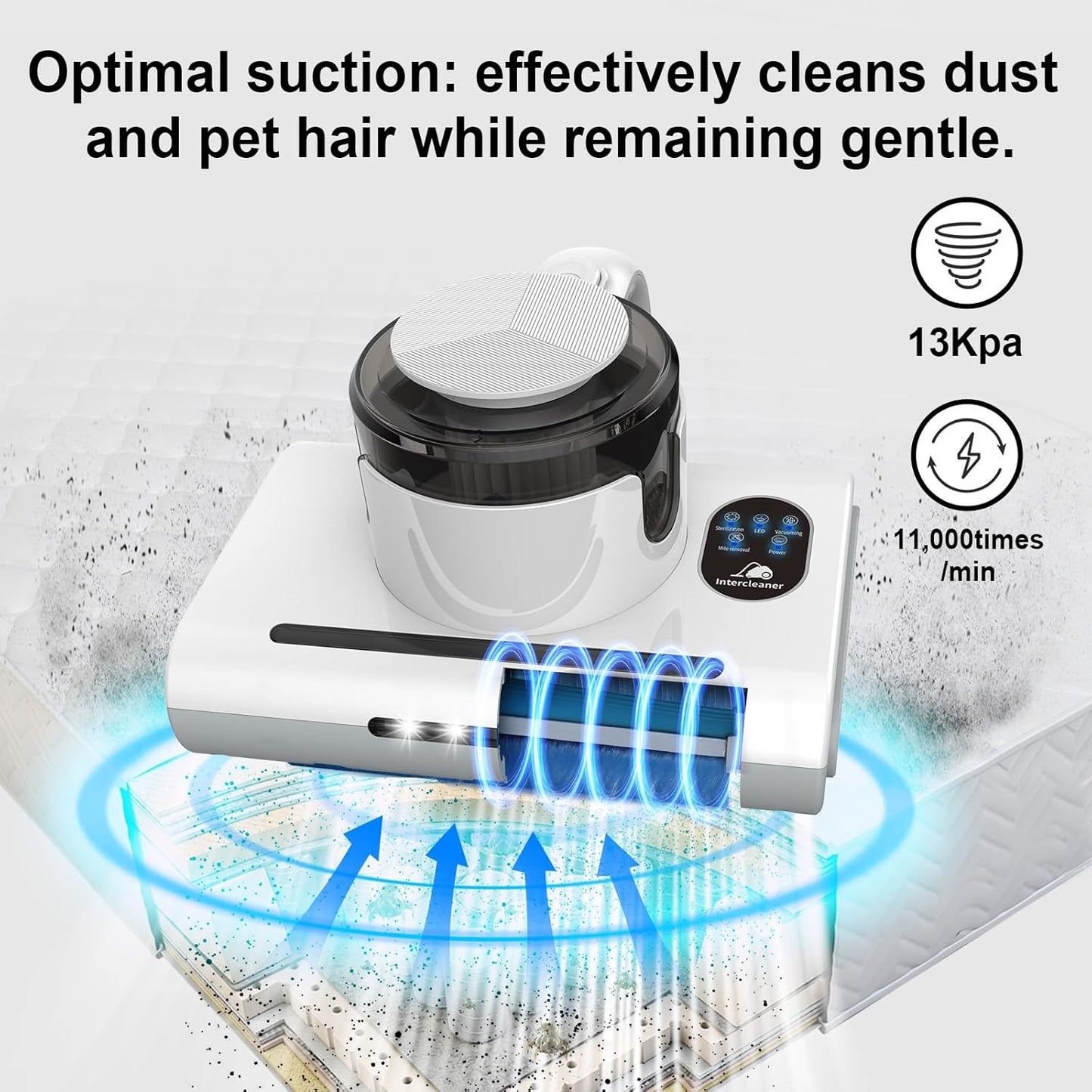Mattress Vacuum Cleaner,13Kpa Powerful Suction Bed Vaccum Cleaner with UV-C Light,LED Headlights and High Heating Tech,1.2kg Light Weight Handheld vaccum for spot Cleaning,Sofa,Couch Fabric Cleaner
