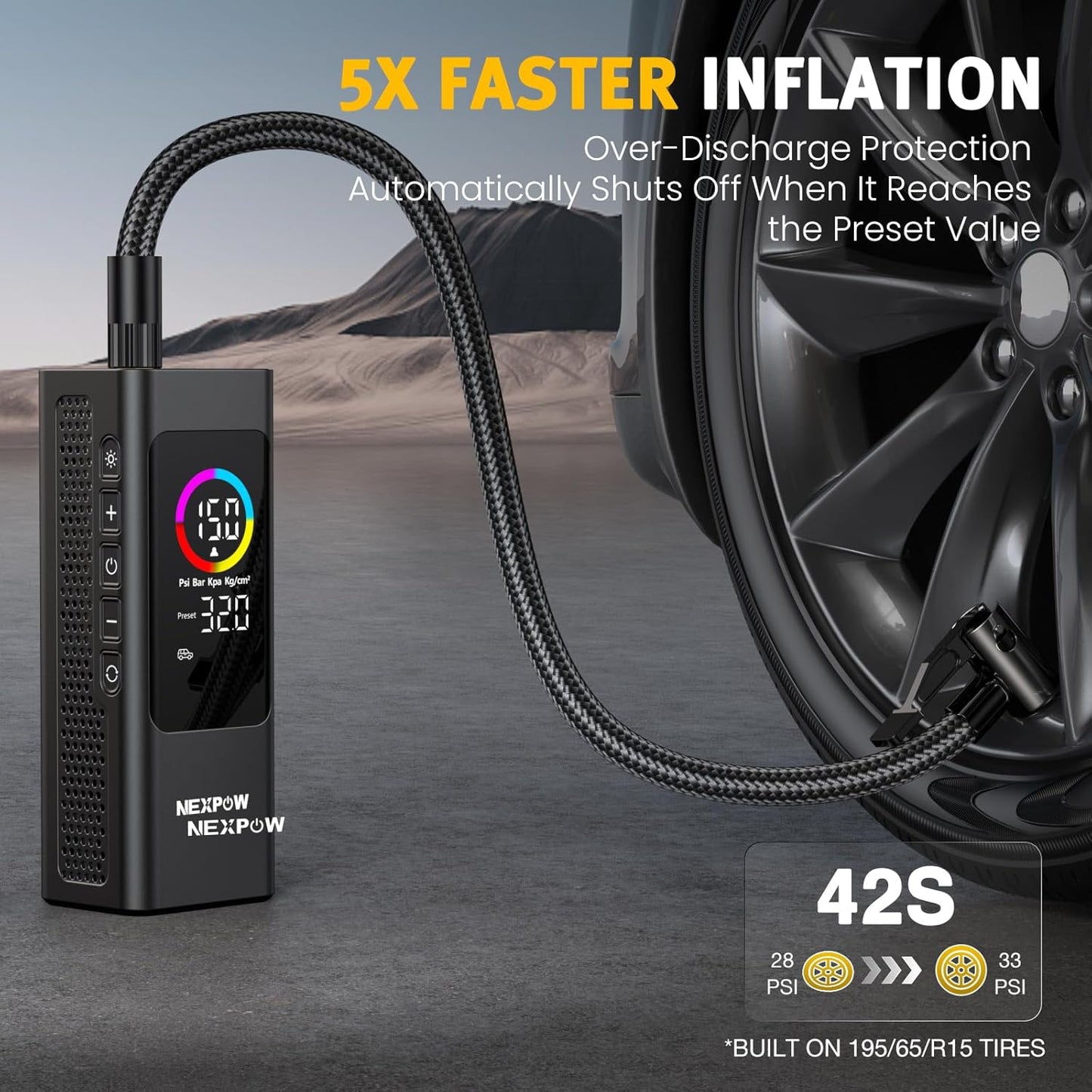 NEXPOW 150 PSI Tire Inflator Portable Air Compressor, 12000mAh Battery Auto Shut-Off Air Pump for Car Tires, Fast Inflation Dual LCD Display Tire Pump, Pocket Air Pump for Bike, Motorcycle, Ball, Car