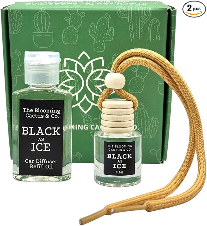 Car Air Freshener with 1 Oz Refill included | Car scented on the go | Car Air Freshener | Long Lasting Hanging Fragrance | Phthalate Free Fragrance. (Black Ice (Type), 8 ml)
