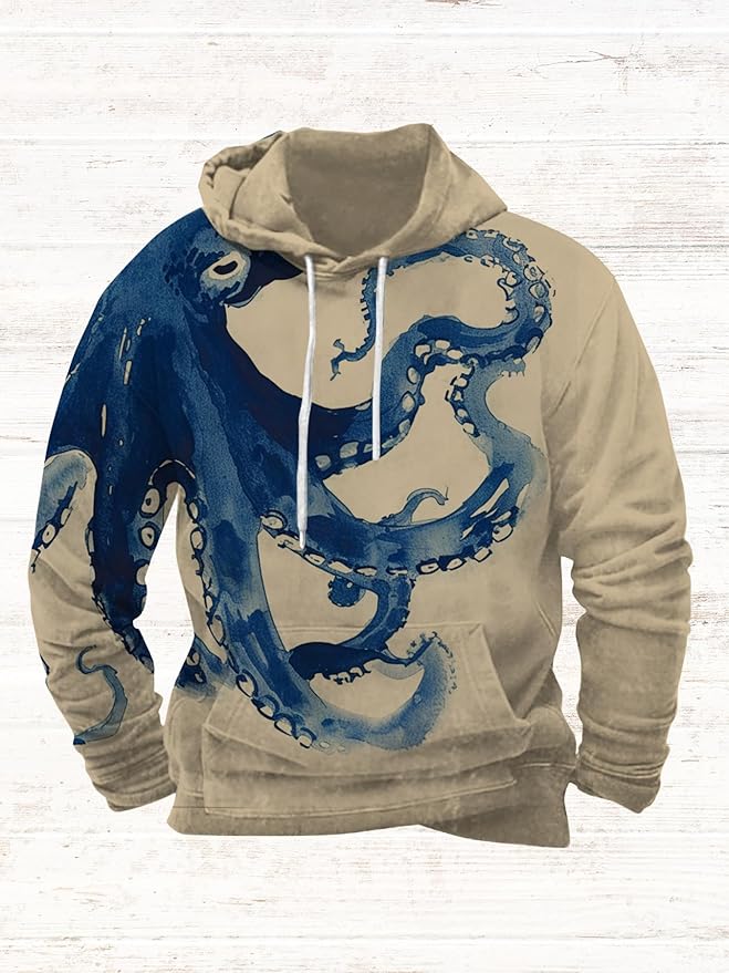 Mens Animal Print Graphic Hoodies Casual Long Sleeve Japanese Art Style Hooded Sweatshirt Lightweight Pullover Tops