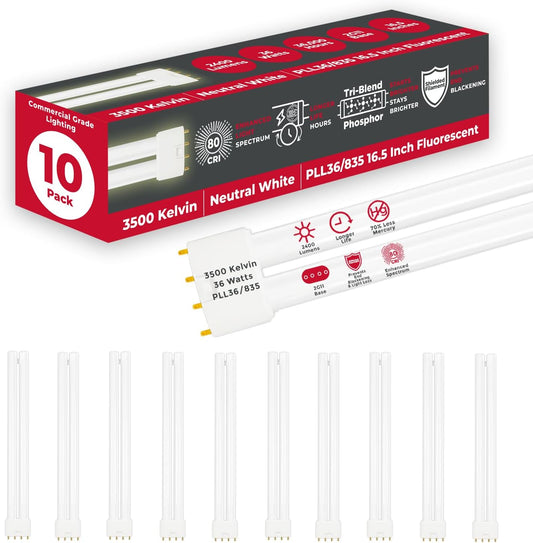 GoodBulb PLL36/835 36W 16.5" Twin Tube Compact Fluorescent Light Bulb 4-pin 2G11 Base 3500K Neutral White 2400 Lumen 36000 Hour Long Life Biax Pack of 10