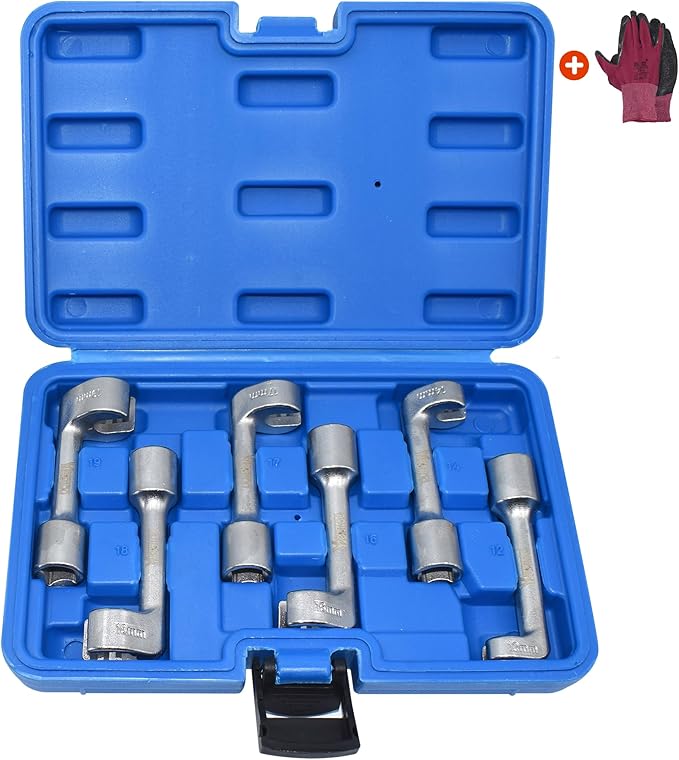 1/2" Dr Injection Line Socket Wrench Set, 6pc 12pt Diesel Fuel Line Socket Set, L-Type Injection Line Socket with 12 14 16 17 18 19mm Wrenches, Fuel Line Dismantling Removal Tool