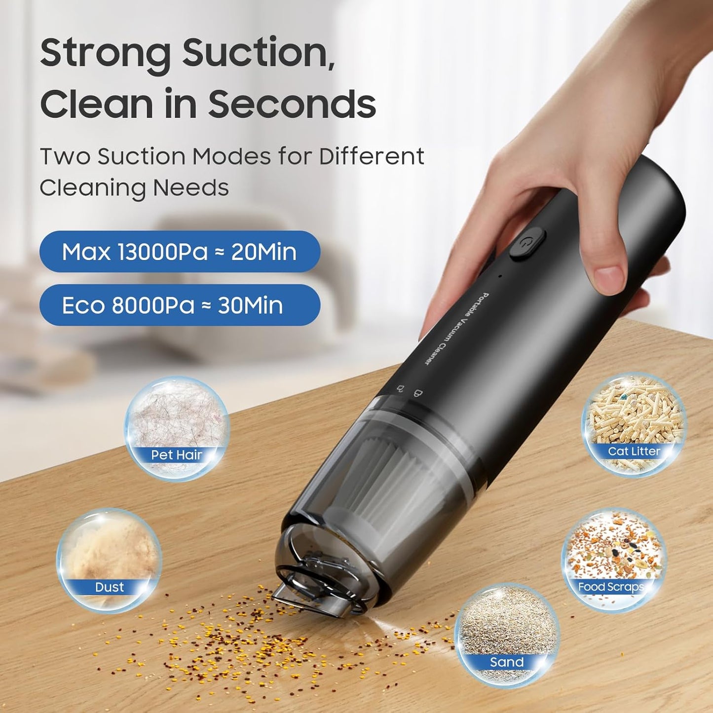 Handheld Vacuum Cordless, Car Vacuum Cleaner Portable with HEPA Filter, 2 Suction Modes, Mini Hand Held Vacuum Rechargeable for Car, Home, Pet Hair, Office, Desk, Keyboards (Black)