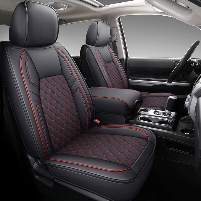 Coverado Toyota Tundra Seat Covers, Leather Seat Covers Compatible with 2007-2021 Toyota Tundra Crew/Crewmax/Extended/Double Cab Automotive Seat Covers for Car Trucks (Front, Red)