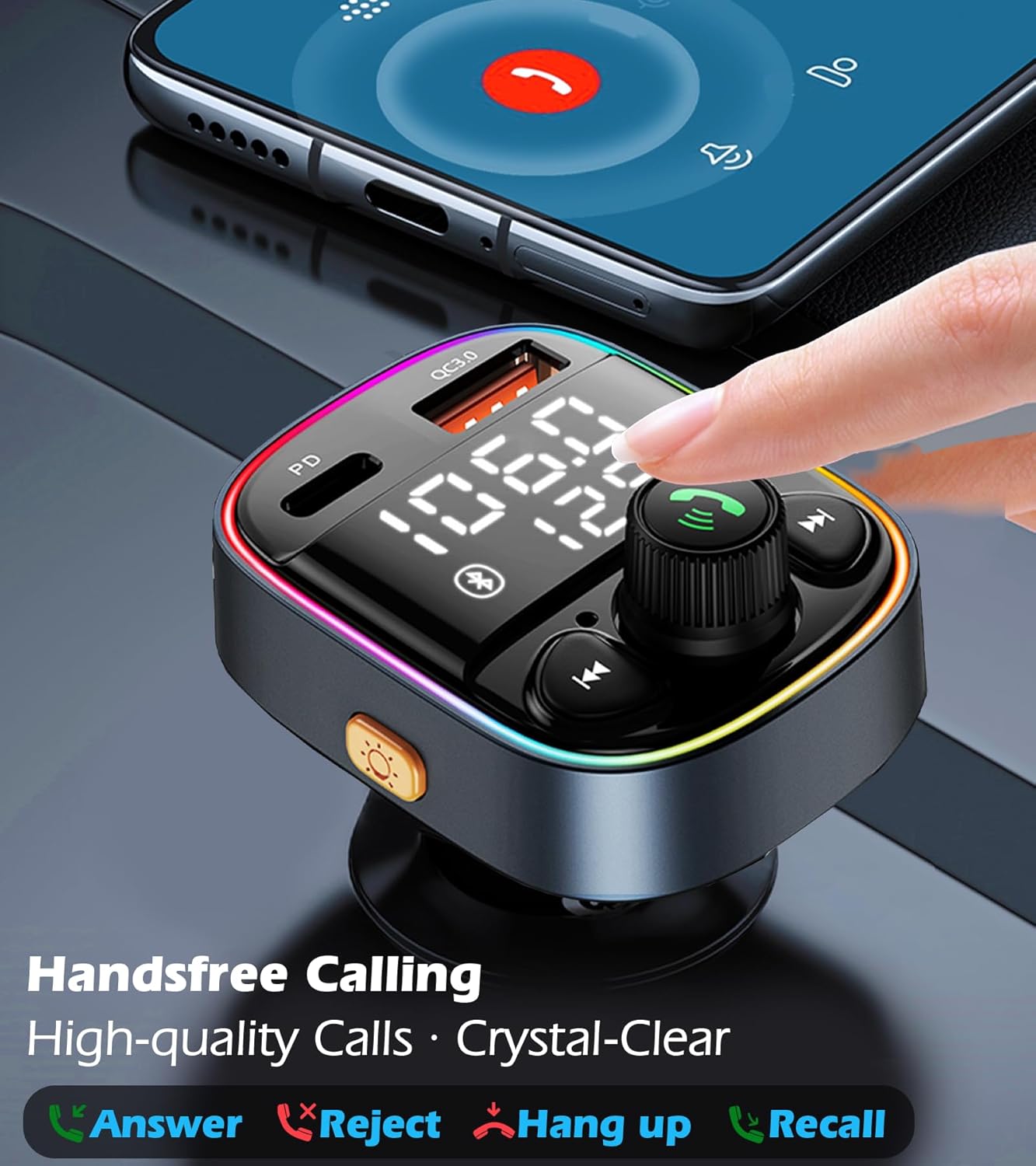 LIHAN AUX USB C Bluetooth Car Adapter, Wireless Handsfree Call, FM Transmitter Radio Receiver, QC3.0 & Type-C Car Charger, 7 Color Backlit with 2 LED Displays, TF Card & Music Stereo Player