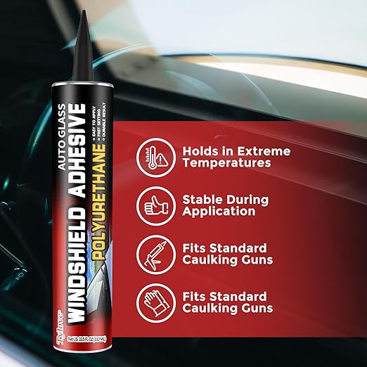Windshield Urethane Adhesive - Quick Curing & Weather Resistant and Professional Strength Auto Glass Glue for Vertical & Overhead Application, Windshield Repair Kit with Gloves,10.5Oz Black (1-Pack)