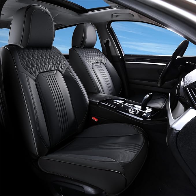 Coverado Seat Covers, Car Seat Covers Full Set, Black Seat Cover, Front Seats Back Seat Cover, Waterproof Car Seat Cushion,Leather Car Seat Protector Universal Fit Most Cars