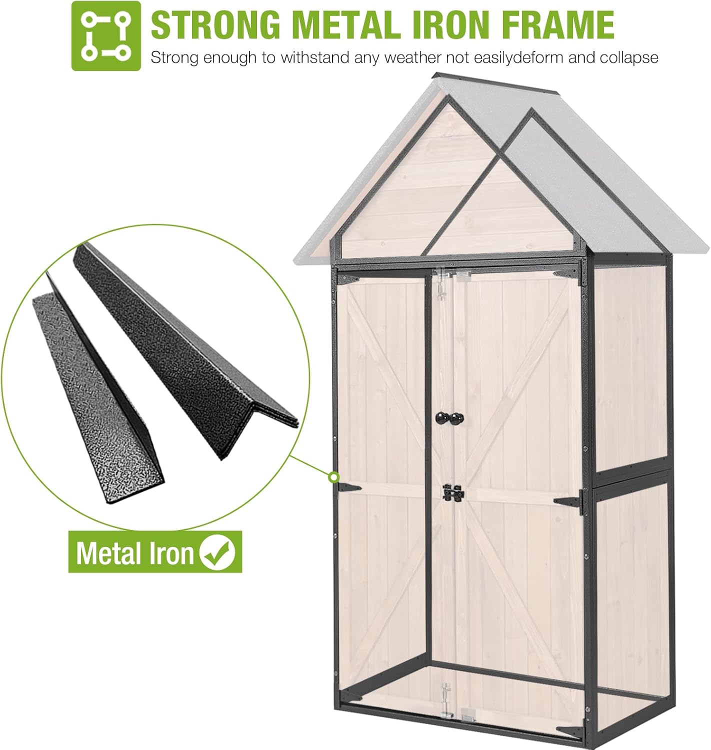 GUTINNEEN Sheds Outdoor Storage Wooden Garden Tool Shed with Metal Frame Sloped Roof and Adjustable 3 Tiers Shelves Outdoor Storage Cabinet for Backyard Garden Patio Lawn 67.1"(Brown)