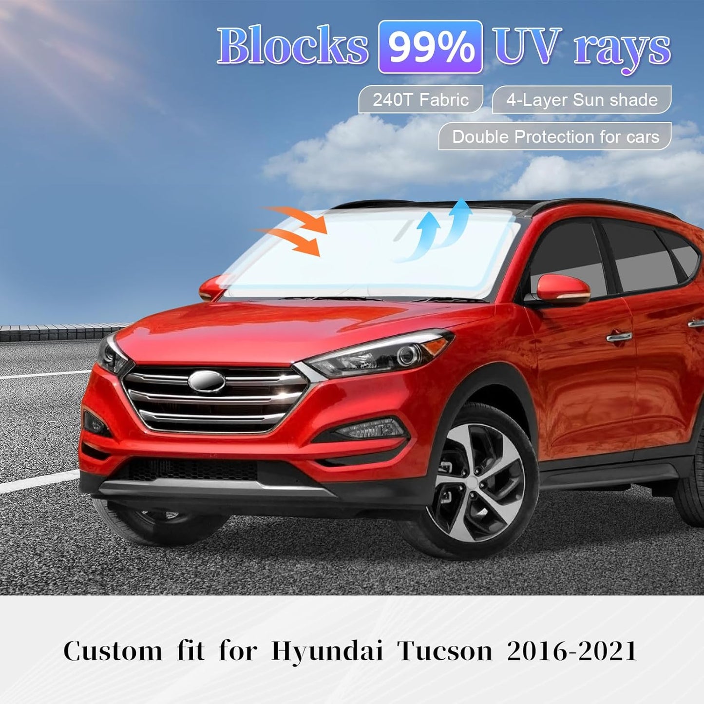 Sun Shade Sunshade for Hyundai Tucson Windshield Cover,4-Layer Front Window Shade Custom fit Tucson 2016-2021 Sun Visor 240T Retractable Shade Blocks UV Rays Cooler Car Accessories