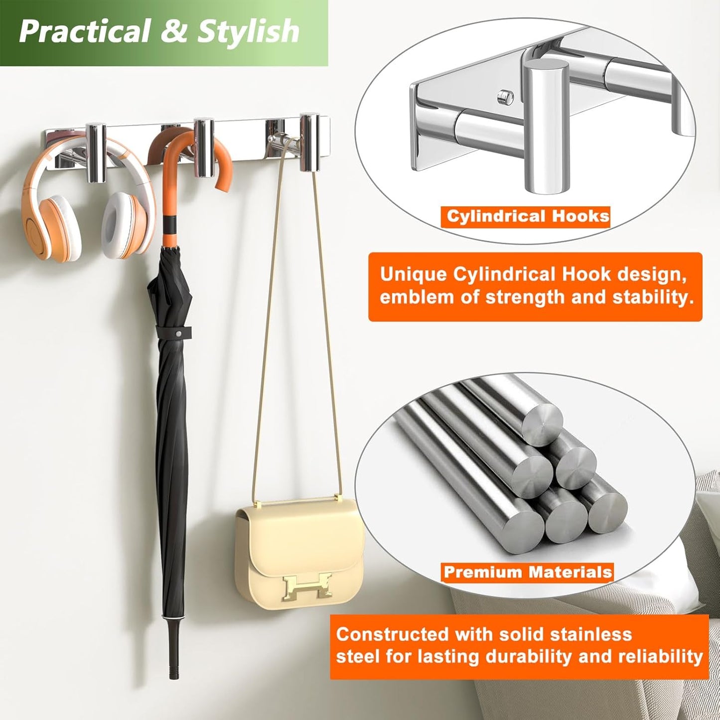 Wall Mounted Coat Rack-3 Hooks, Heavy Duty Stainless Steel Hook Rail for Towel Coat Hat Purse Bag Jacket, Towel Hooks for Entryway Bathroom Kitchen (Glossy 3 Hooks - 1 Pack)