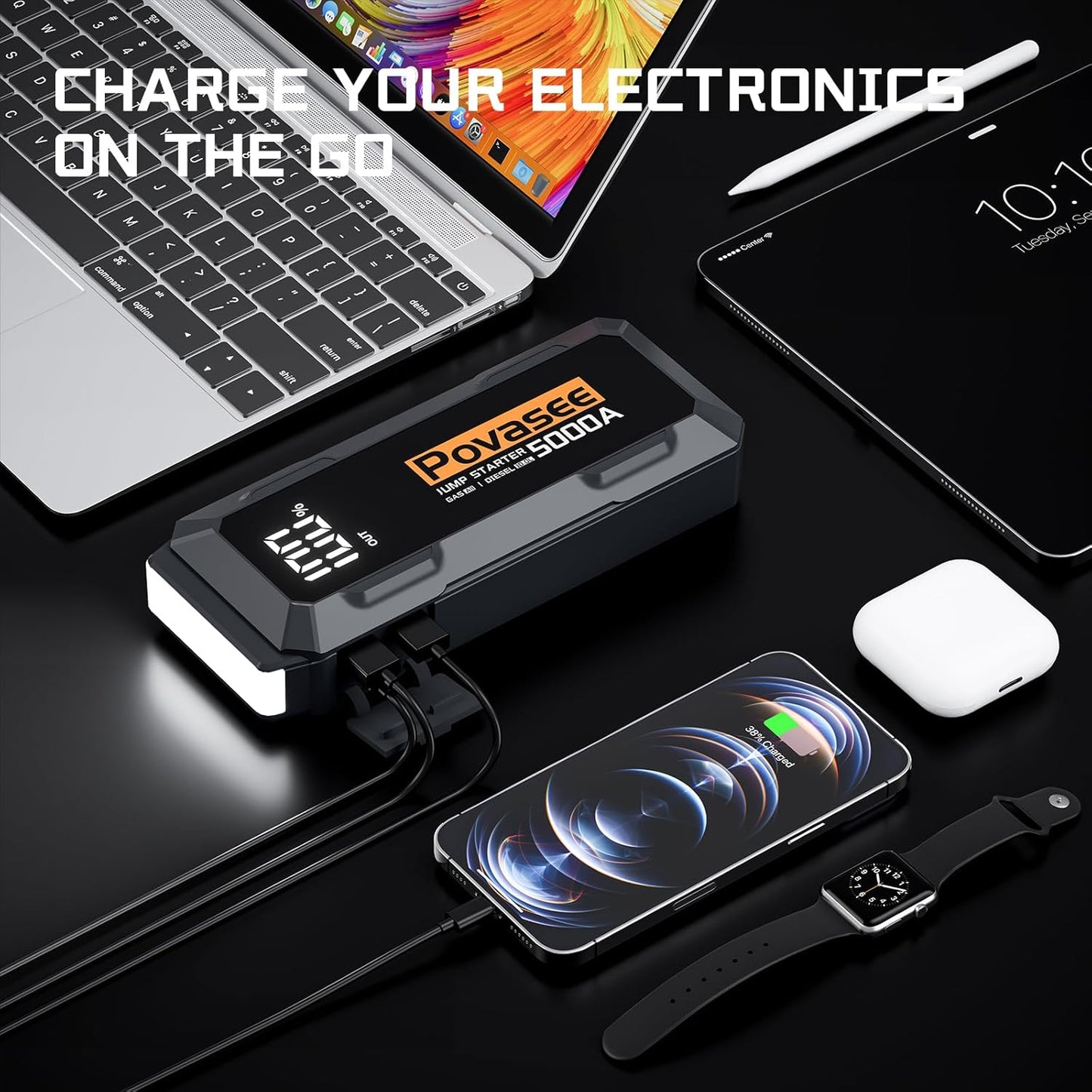 Car Battery Jump Starter 5000A Jump Box (All Gas/10L Diesel) Portable Car Jump Starter Battery Pack, 12V Jumper Starter Portable 3" LCD Display/Power Bank/Dual Output/LED Light DC