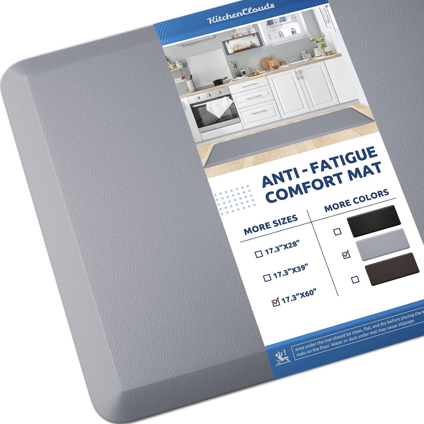 KitchenClouds Cushioned Anti Fatigue Kitchen Rug, 17.3"x60", Waterproof Non Slip, Standing Desk Mat, Comfort Floor Mat for Kitchen, House Sink, Office (Grey)