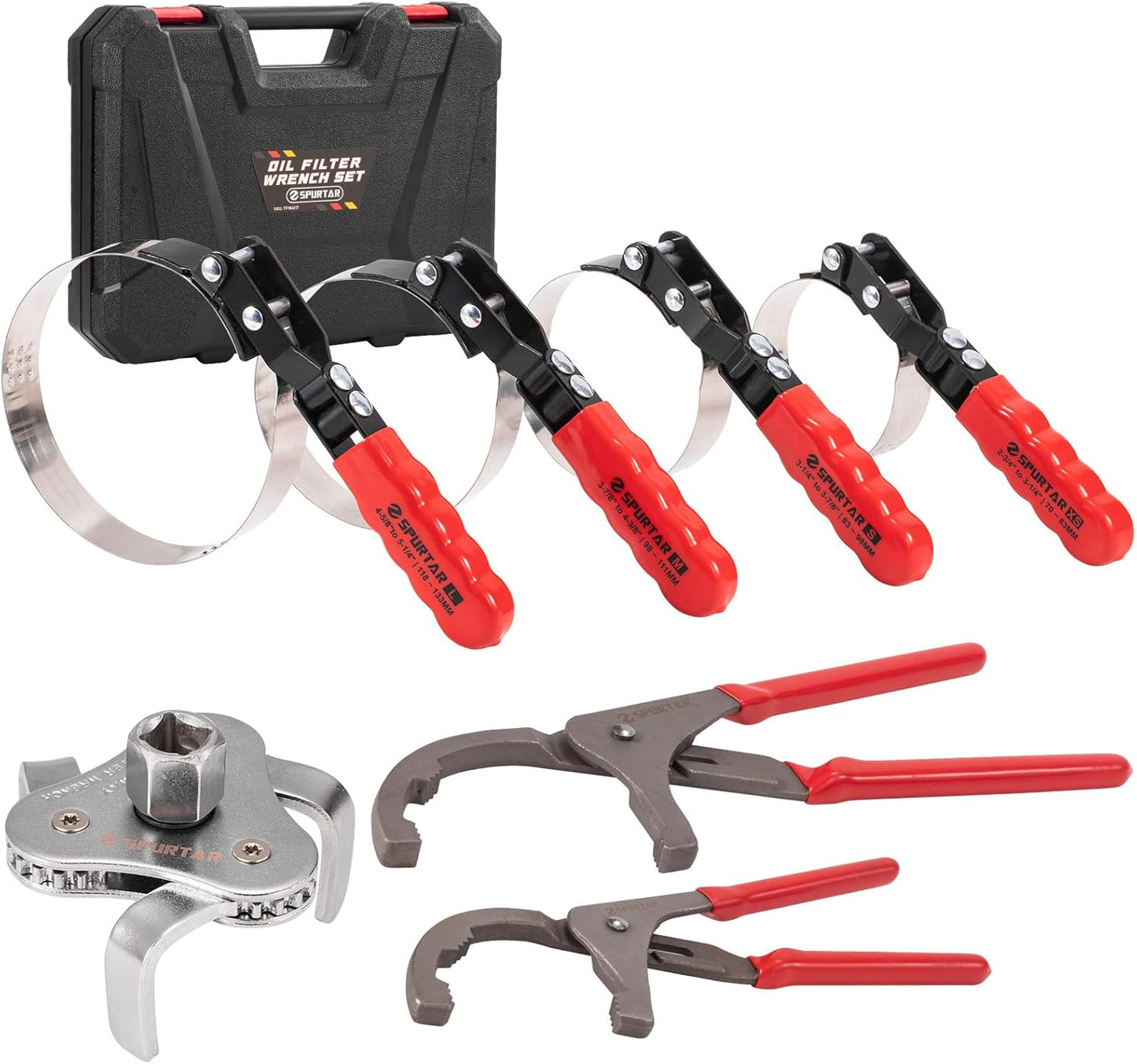 Spurtar Swivel Oil Filter Wrench Set of 7, Adjustable Wrench 2-3/4" to 5-1/4" (70-133mm), 9" & 12" Universal Oil Filter Pliers, 3-Jaw Oil Filter Removal Tool for 4S Shop Auto Repair Mechanic DIY