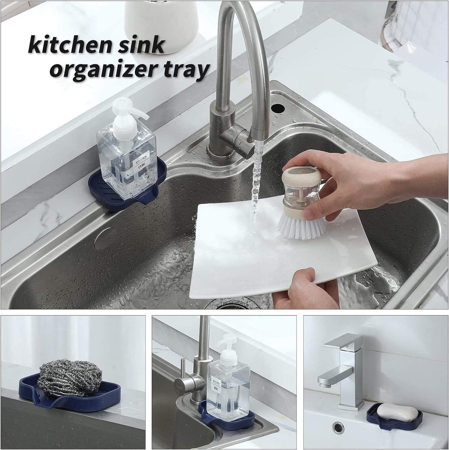 Silicone Bathroom Soap Dishes with Drain Spout-Kitchen Sink Organizer,Sponge Holder,Dish Soap Tray,Perfect for Dispenser,Scrubber,Bottle,Cup on Sink or Counter-Navy Blue 4.9"×3.2"