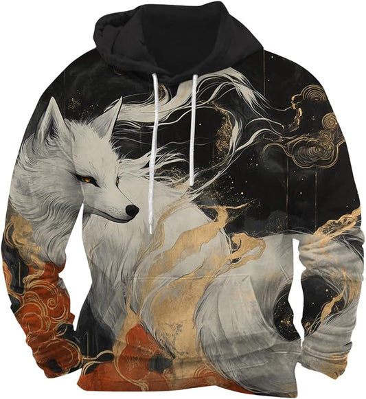 Mens Animal Print Graphic Hoodies Casual Long Sleeve Japanese Art Style Hooded Sweatshirt Lightweight Pullover Tops