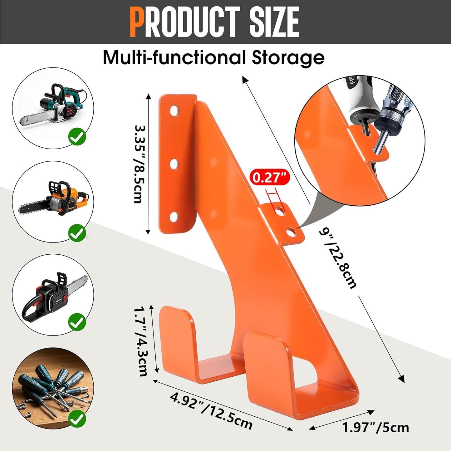 Chainsaw Hanger, Heavy Duty Chain Saw Stand 3-in-1 Wall Mount with Accessory Tool Hooks for Garage Shed Organizer Storage, Includes Mounting Hardware (2 Pack)