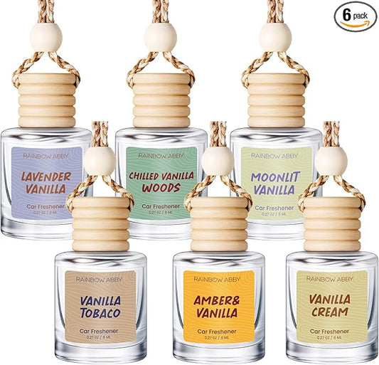 RAINBOW ABBY 6 Pack Car Air Freshener for Women - Long Lasting Hanging Diffuser with Essential Oil Scents, Cute Unisex Vehicle Interior Accessories Gift