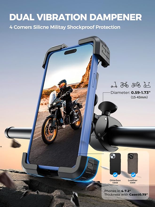 Motorcycle Phone Mount Holder, [150mph Wind Anti-Shake][7.2inch Big Phone Friendly] Bike Phone Holder, Motorcycle Handlebar Cell Phone Clamp, Compatible with iPhone 16 Pro Max, Tangerine