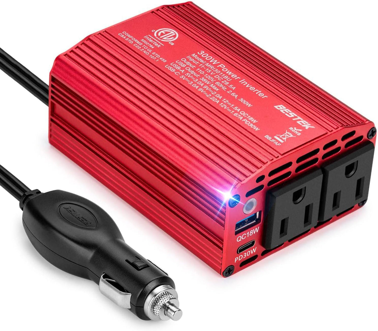 BESTEK 300W Power Inverter - DC 12V to 110V AC Converter, Fast Car Charger Adapter with 30W USB-C/18W Quick Charge/Dual 110V AC Car Plug Outlet for Laptop