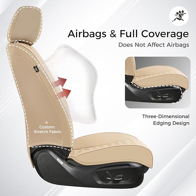 Huidasource Beige Seat Covers, Car Seat Covers Front ＆ Split Rear Bench, Seat Covers Full Set, Nappa Leather Seat Cover Protector Universal Fit for Most Cars, Vans, Trucks, SUVs (Full Set/Beige)
