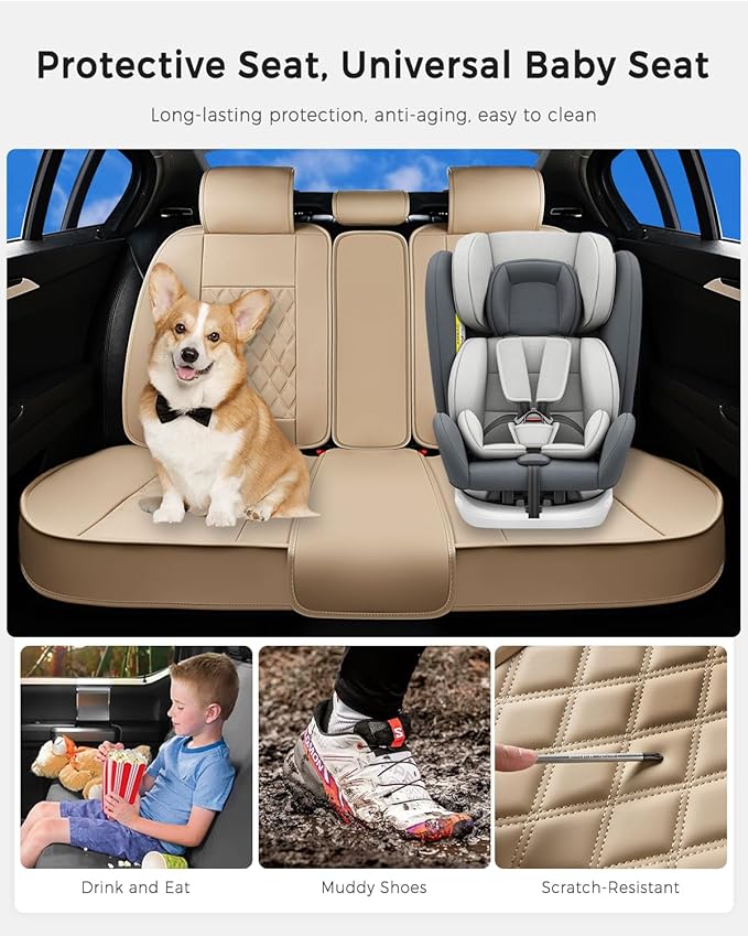 Huidasource Beige Rear Seat Cover, Nappa Leather Back Seat Cover Velcro Adjustable, Compatible with Armrests, Seat Belts, Child Safety Seats, Fit for Most Cars SUVs Trucks (Back Row/Beige)