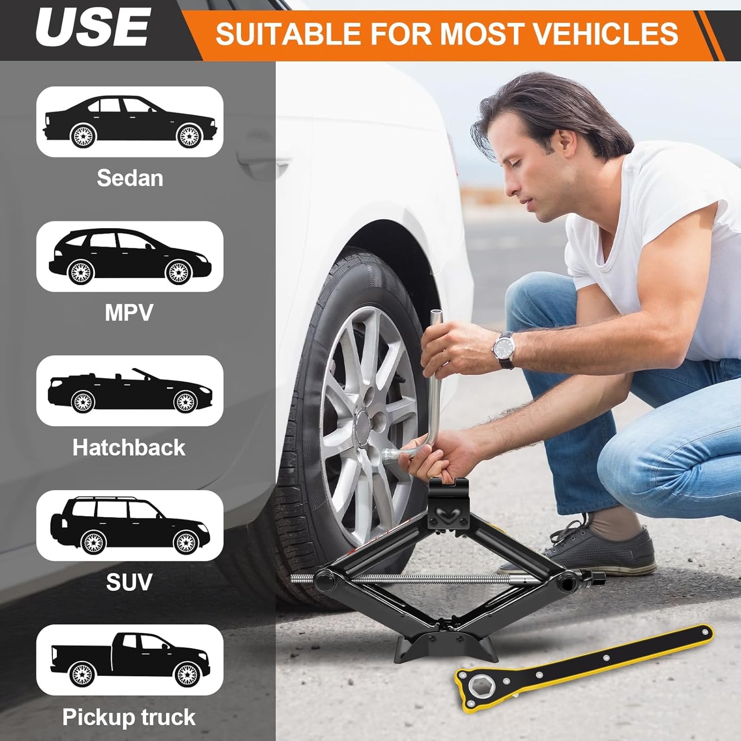 Car Jack Kit - Scissor Car Jack Max 2 Ton(4,409 lbs) Capacity Portable Emergency Tire Change Kit with Ratchet Lug Wrench - Saving Strength Design