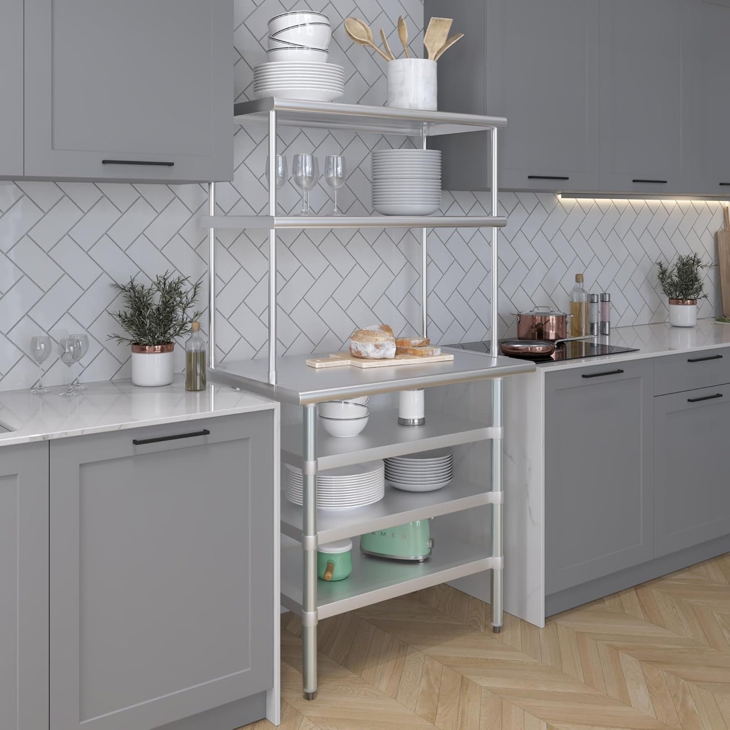 Amgood 24" x 36" Stainless Steel Work Table with 3 Shelves and 18" Wide Double Tier Overshelf | Metal Kitchen Prep Table & Shelving Combo | NSF