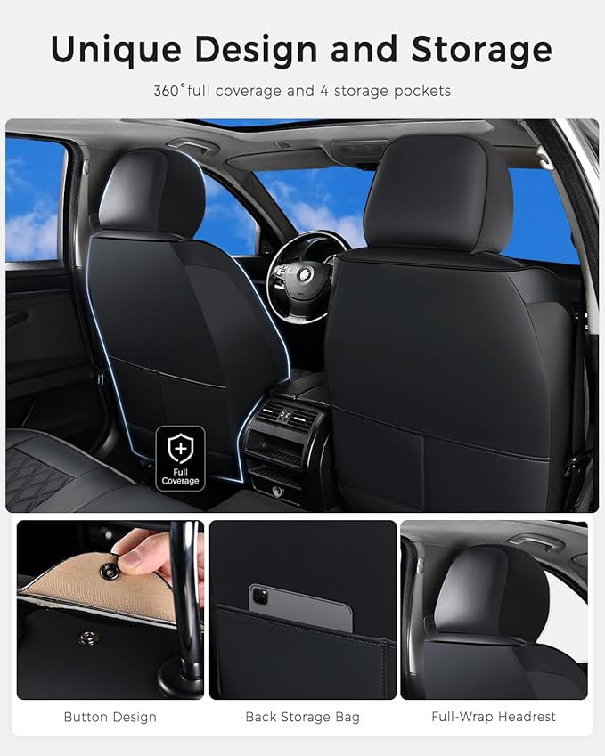 Huidasource Front Seat Covers, 5 Layers Car Seat Covers Front Seats, Driver Seat Cover Leather, Front Seat Cover 360° Full Package Universal Fit for Most Cars, Vans, Trucks, SUVs (Front Pair/Black)