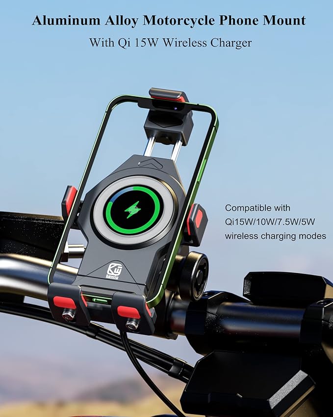 BRCOVAN Motorcycle Phone Mount with Qi 15W Wireless Charger & Vibration Dampener, Anti-Theft, Anti-Shake, Adjustable, Aluminum Alloy Motorcycle Handlebar Cellphone Holder for 4.7''-7.2'' Smartphones