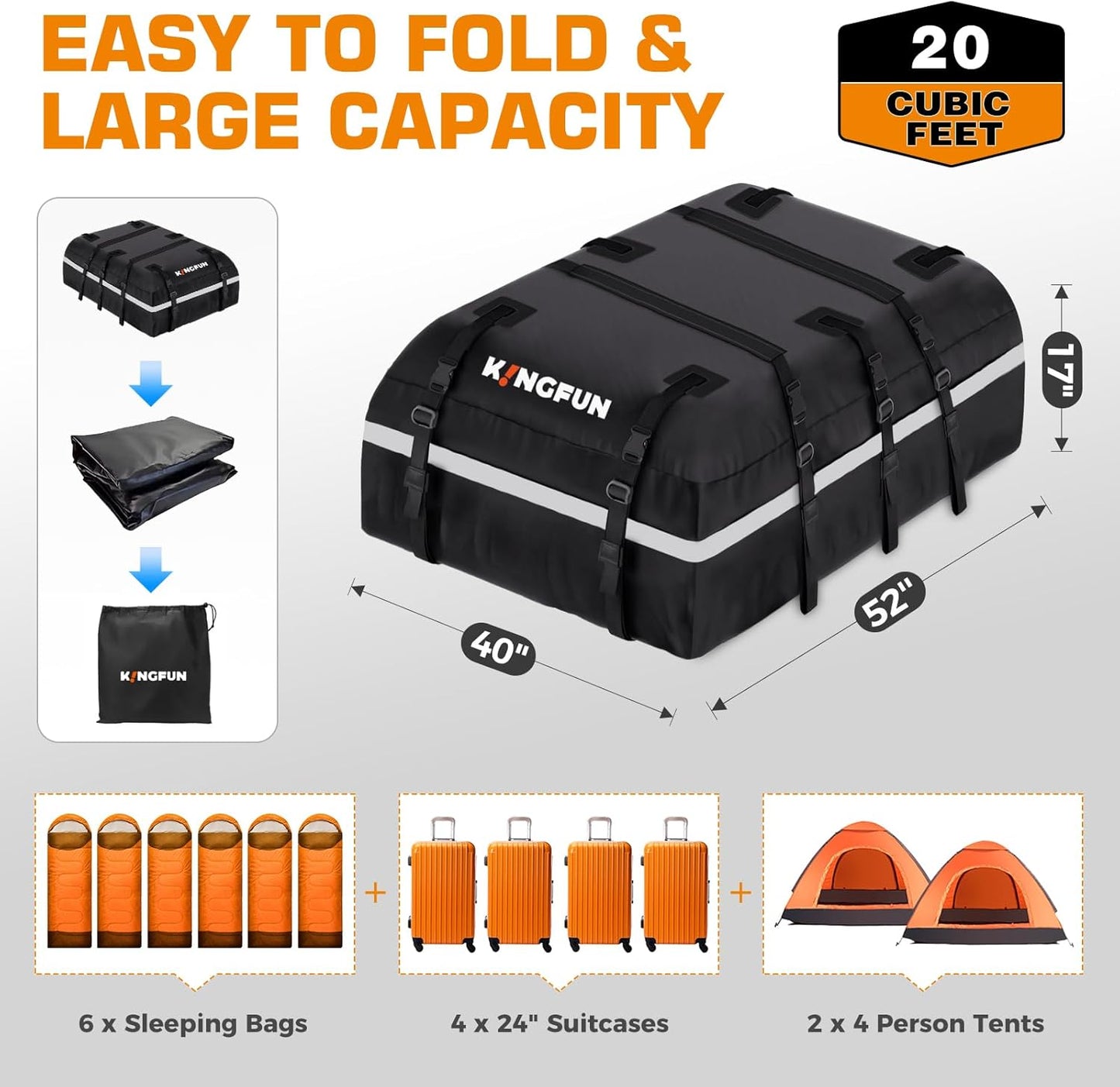 Kingfun Car Rooftop Cargo Carrier – Waterproof 20 Cubic Feet Car Roof Bag Fit All Vehicles with/Without Roof Racks, Includes Anti-Slip Mat, 8 Reinforced Straps & 6 Door Hooks, Luggage Locks（Black）