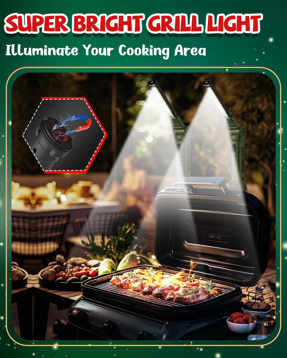 Coquimbo Tool Gifts for Men Him, Rechargeable LED Work Light Grill Light with Magnetic Base and Hook 5 Modes 360° Rotate Mechanic Light Birthday Gifts for Dad Husband Men (2 Pack Green)