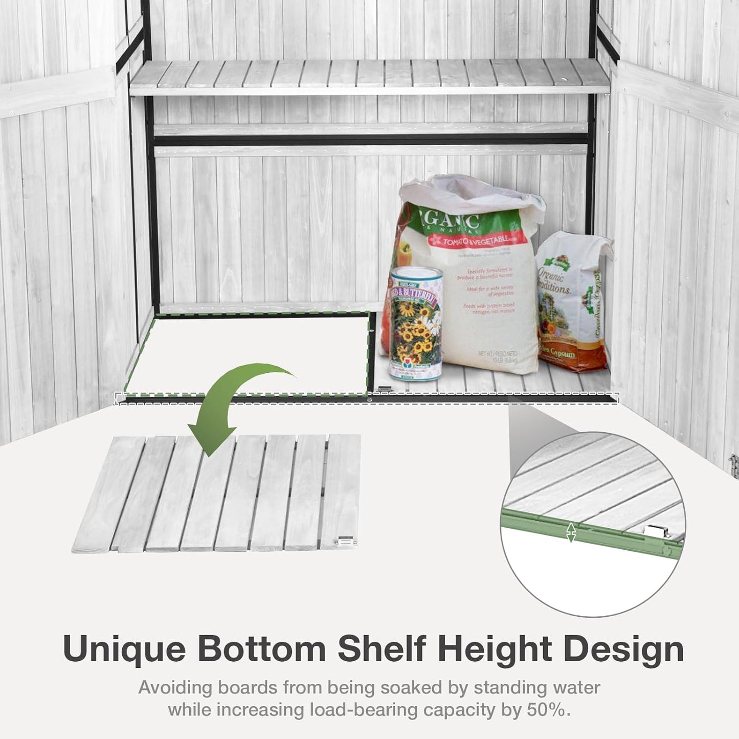 Outdoor Storage Shed with Floor - Waterproof Natural Fir Cabinet with Adjustable Shelves and Double Lock for Anti-Theft - Suitable for Storing Garden Tools and Household Debris (White)