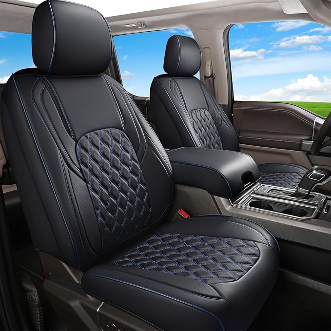 Huidasource Faux Leather Front&Rear Truck Seat Cover Custom Fit for 2015-2025 Ford F150 SuperCrew & 2017-2025 F250 F350 F450 Super Duty Crew Cab XL XLT Lariat King Ranch Platinum(Full Set/Black&Blue)
