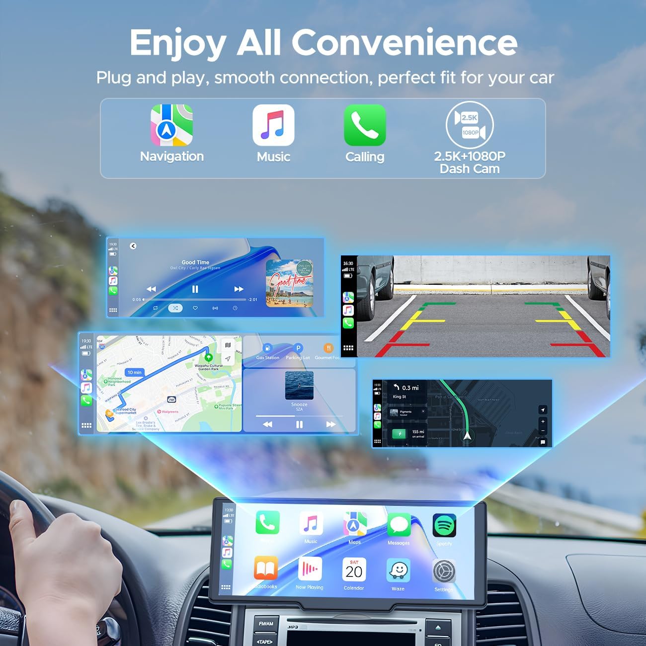9.26'' Carplay Screen for Car with 2.5K Dash Cam and 1080P Backup Camera Portable Wireless Android Auto Screen GPS Navigation Mirror Link Voice Control Hands-Free for iOS 11+ Android 11+