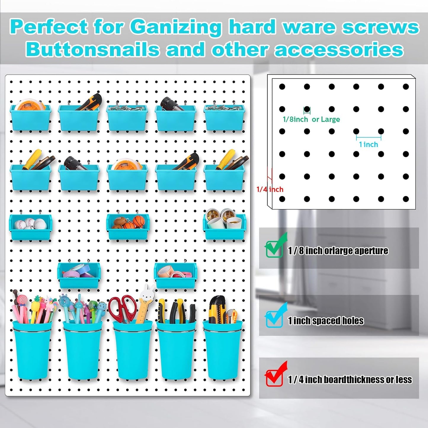 Yookeer 20 Pcs Pegboard Bins and Cups with Hooks and Loops Peg Assortment Organizer Accessories Various Tool Organizer Pegboard Baskets Set for Garage Workshop Workbench Office(Blue)