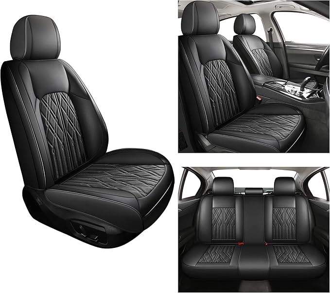 Huidasource Car Seat Covers Full Set, Leather Vehicle Cushion Covers, Universal Fit for Most Car SUV Pickup Truck, Fit for Acura Honda City Nissan Altima Mazda Hyundai Audi A3 A4(Full Set/Black)