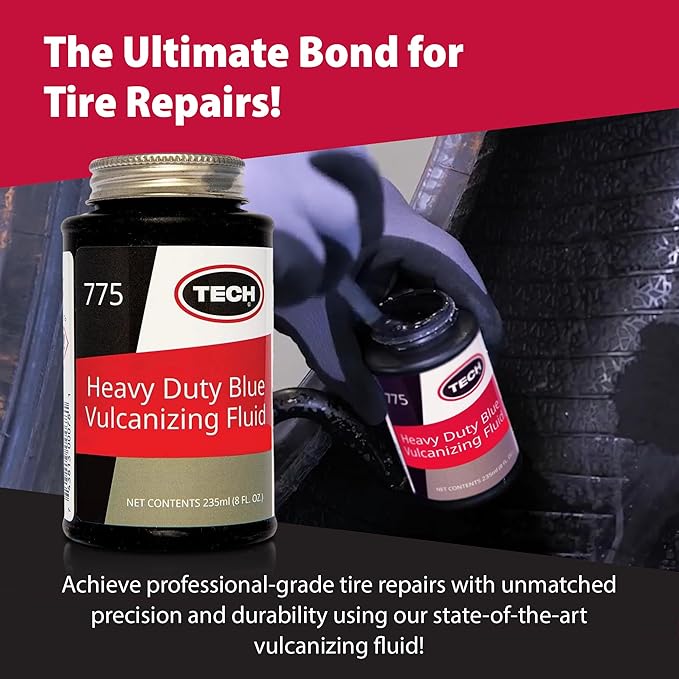 Heavy-Duty Blue Vulcanizing Fluid - Tire Repair Cement, Use with TECH Tire Stems and Patches, 8oz Bottle w/Brush Cap
