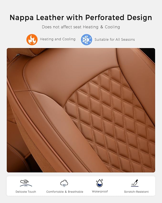 Huidasource Brown Front Seat Covers, Nappa Leather Front Car Seat Covers, Side Elastic Fabric, Compatible with Airbags, Seat Belts, Universal Fit for Most Cars, Vans, Trucks, SUV (Front Pair/Brown)