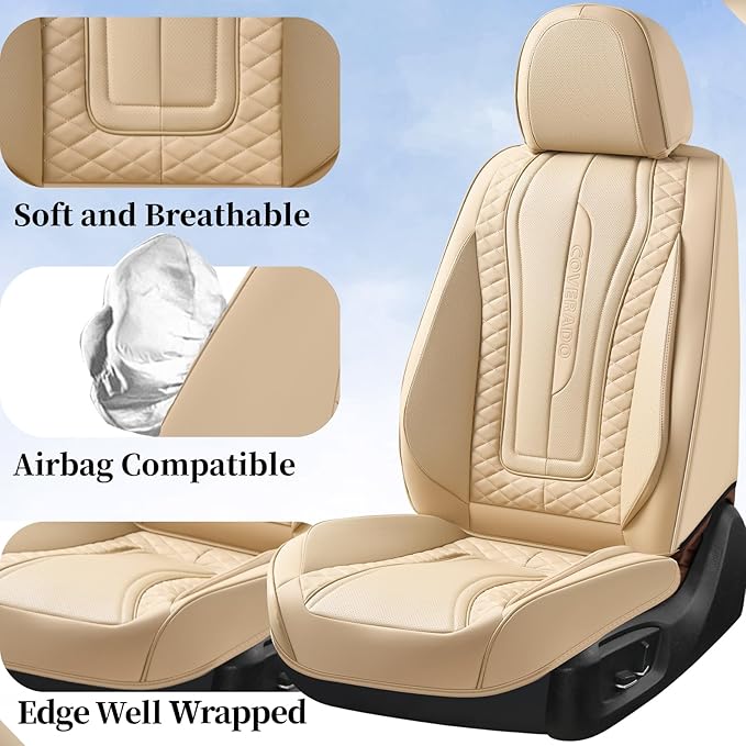Coverado Car Seat Covers, Front Seat Cover 2-Pack, Faux Leather Waterproof Seat Covers, Car Seat Protectors,Driver Seat Covers Automotive Seat Covers Accessories Universal Fit Most Vehicles Beige