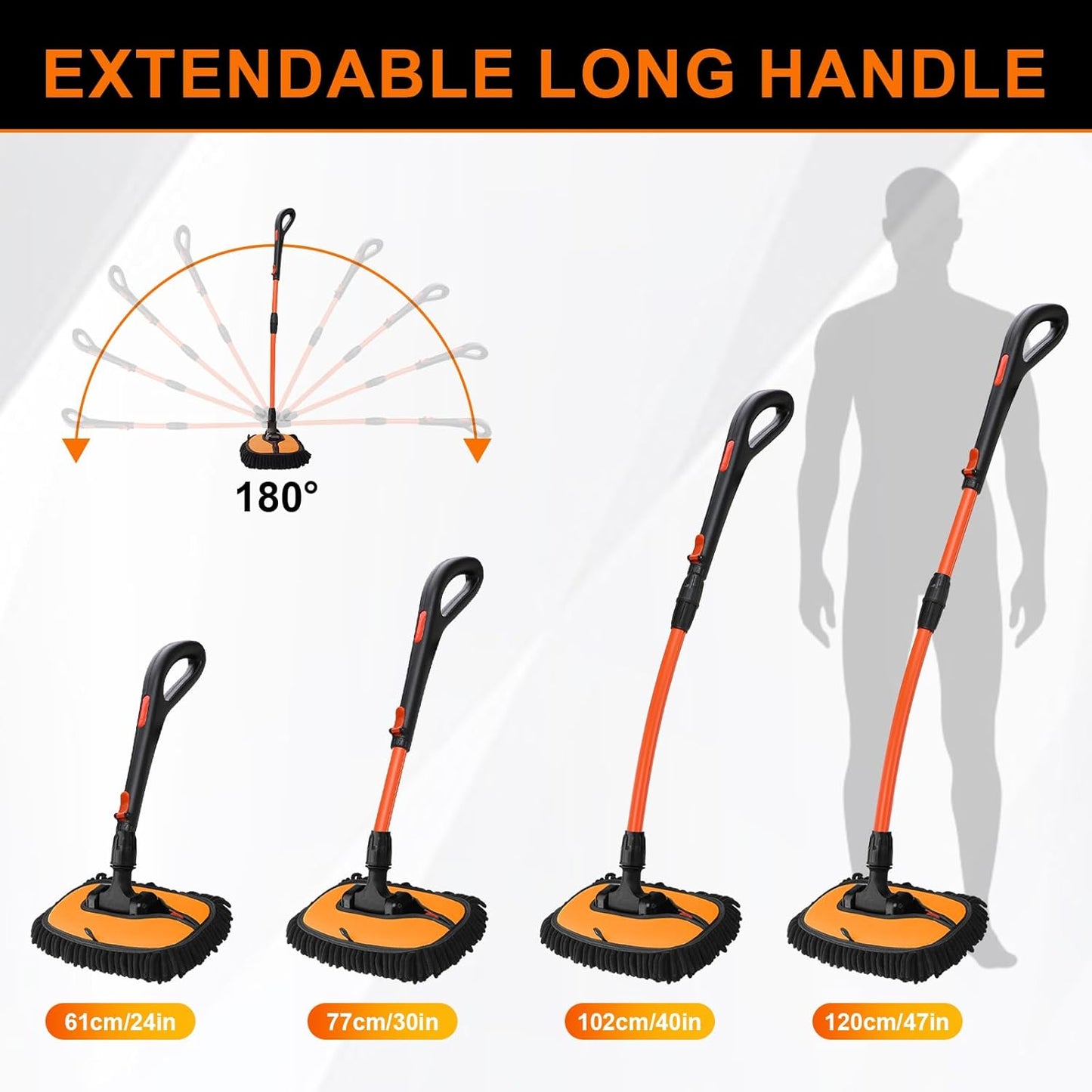 Car Wash Brush with Long Handle, 47" Car Wash Mop with Grip Handle, 2 Replaceable Microfiber Mop Heads and 1 24*63" Car Cleaning Towel for Car Washing, Truck, SUV, Boat, RV Roof