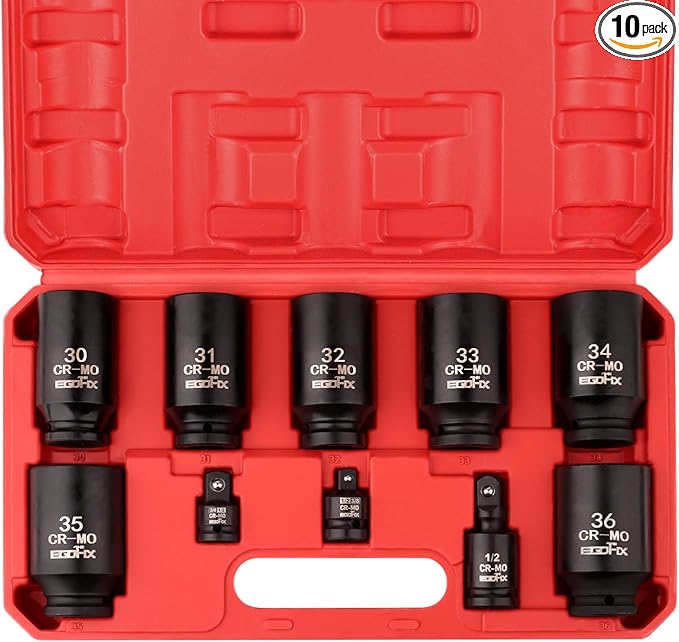 1/2" Impact Axle Nut Socket Set 10 Pieces, Drive Deep CR-MO 6 Point 30,31,32,33,34,35,36mm Metric Socket, with 3/8" - 1/2" Socket Adapter Set, Universal Joint Socket